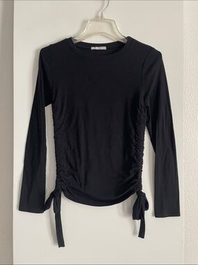 S: Arrays Black Crew Neck Cotton Long Sleeve T Shirt Top Rouched Sides